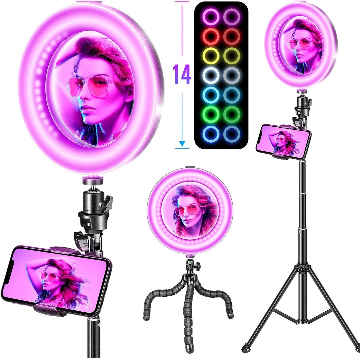 RGB Ring Light,Selfie Ring Light with Tripod Stand/Phone Holder/Hd Mirror, Dimmable LED Ring Light with USB for Make-Up,Youtube Video,Photography,Tiktok,Compatible with Iphone Android  GLANDU   