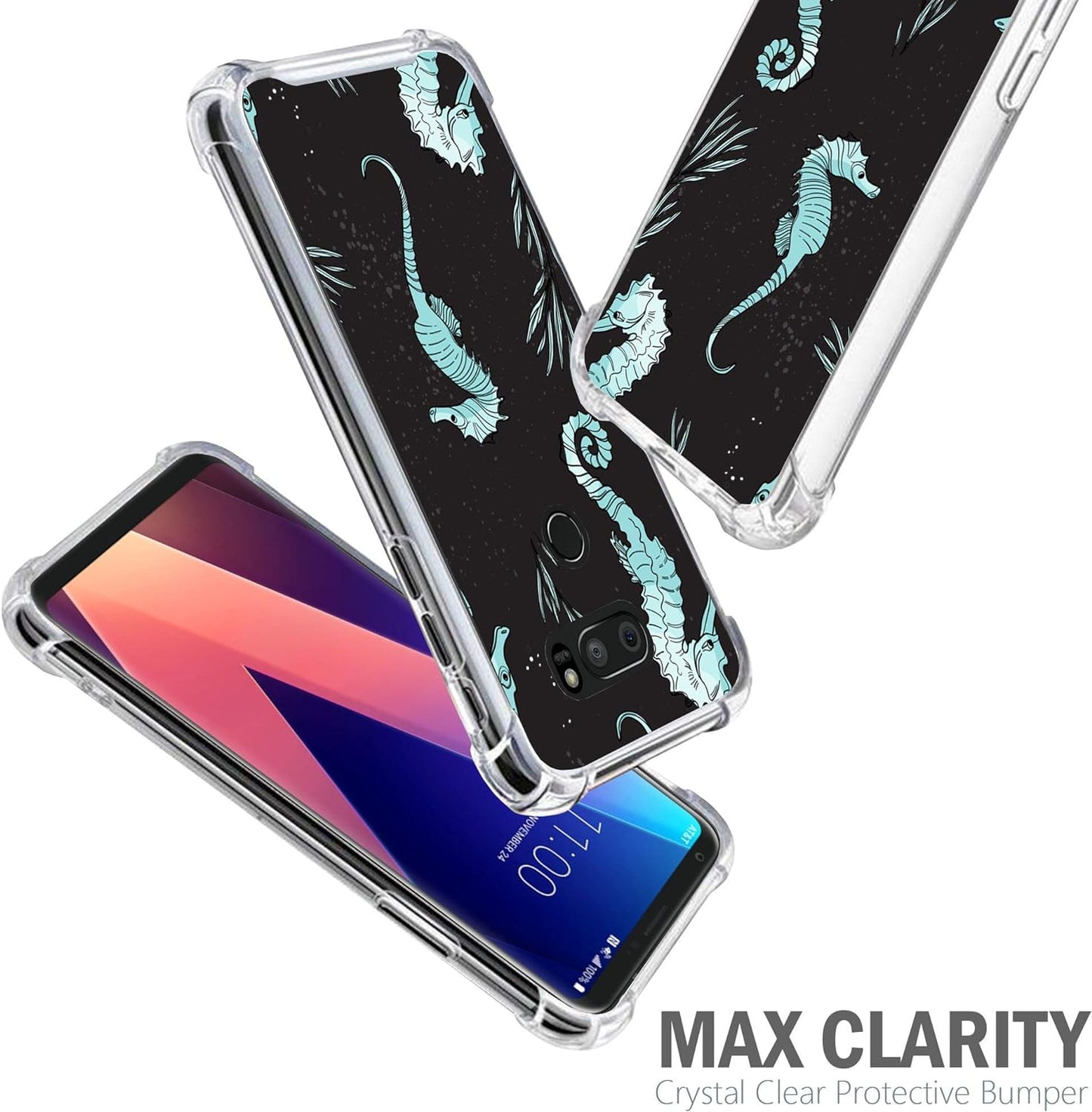 Casesondeck Case Compatible with [LG V30 | LG V30 plus | LG V35 Thinq] LG V30 TPU Case, Slim Transparent Flexible TPU Cover with Bump and Drop Corner Protection (Blue Seahorse)  CasesonDeck   