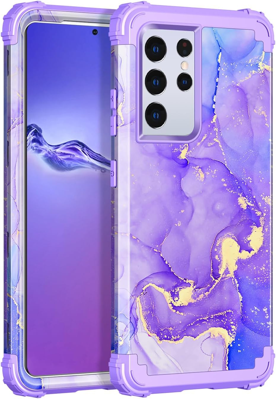 Rancase for Galaxy S21 Ultra 5G Case,Three Layer Heavy Duty Shockproof Protection Hard Plastic Bumper +Soft Silicone Rubber Protective Case for Samsung Galaxy S21 Ultra 5G 6.8 Inch,Purple Mandala  Rancase B-Purple Marble  