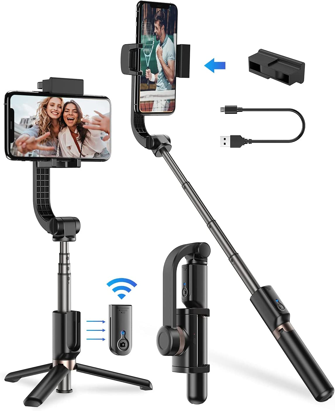 Gimbal Stabilizer for Smartphone, APEXEL 360° Rotation Auto Balance Small Portable Handhold Selfie Stick Tripod with Wireless Remote, 1-Axis Lightweight Extendable Stabilizer Gimble Iphone Phone Gopro  APEXEL   
