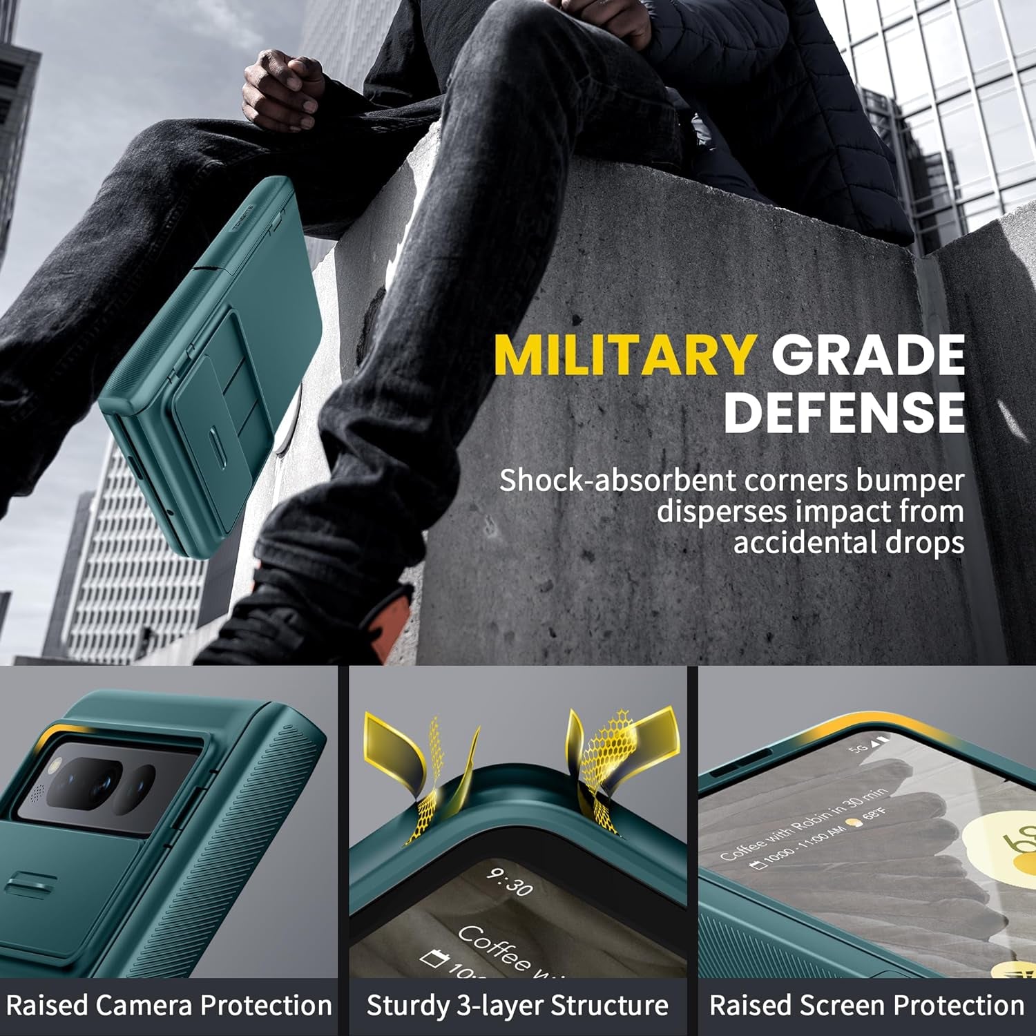 Tongate for Pixel Fold Case, [Built-In Slide Camera Cover & Screen Protector] [Hinge Protection] Military Grade Matte Phone Case with Hidden Kickstand for Google Pixel Fold 5G (2023), Green  Tongate   