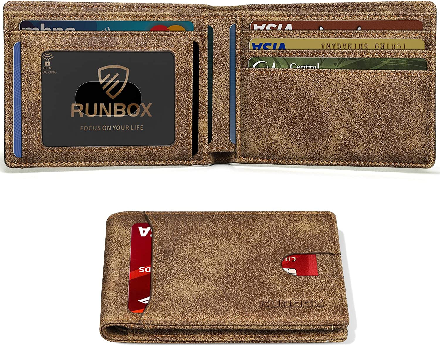 RUNBOX Bifold Slim Wallet for Men - Rfid Blocking Leather Front Pocket Men'S Wallet with Gift Box  RUNBOX crazy horse khaki  