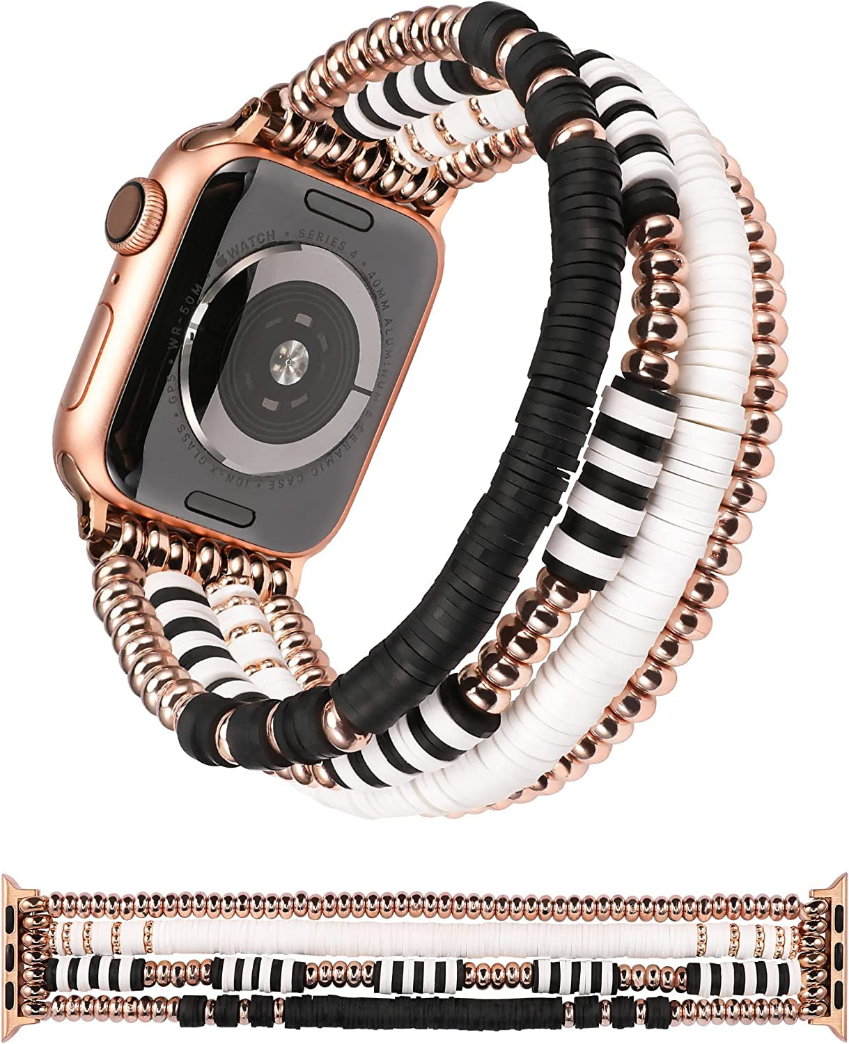 TOYOUTHS Heishi Beads Bracelet Compatible with Apple Watch Band Cute Stretch Girl Women Summer Beach Surfer Stackable Clay Preppy Jewelry Band for Iwatch 42/44/45Mm Series SE 7 6 5 4 3 2 1  TOYOUTHS Metal Style-Black 41/40/38mm M (6.2" - 6.5" Wrist) 