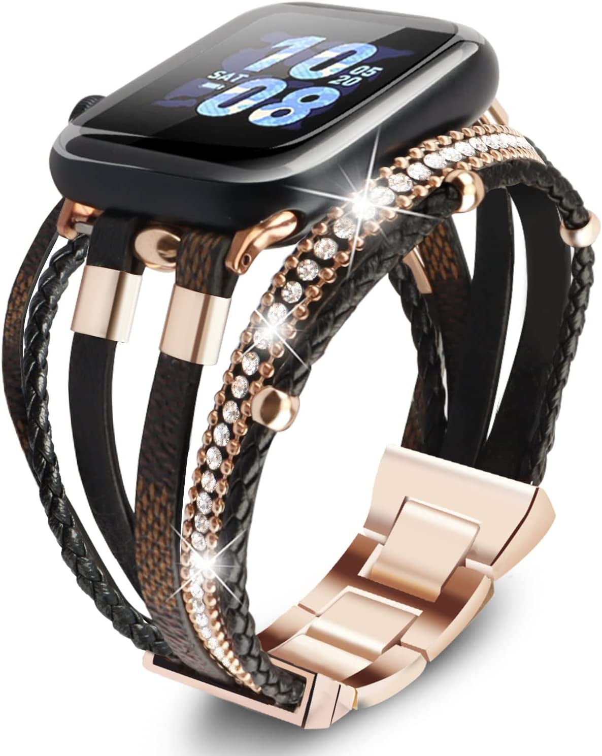 ACEDAX Bracelet Work with Apple Watch Band 44/45Mm, Boho Chic Leather Strap for Apple Watch Ultra Band 49Mm with Silver Metal Buckle,Multilayer Wrap Jewelry for Iwatch Series 8 7 6 SE 5 4 3 Gray Women  ACEDAX Black Chess 38/40/41mm 