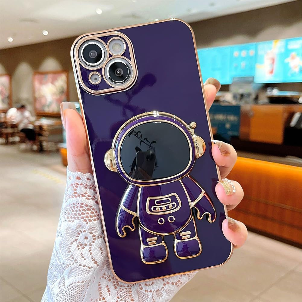 AIGOMARA 6D Plating Astronaut Hidden Stand Case Cover for Iphone 14 plus Women Astronaut Folding Bracket Kickstand Iphone Case with Camera Protector Soft TPU Shockproof Bumper 6.7 in 2022 - Purple  AIGOMARA Deep Purple  