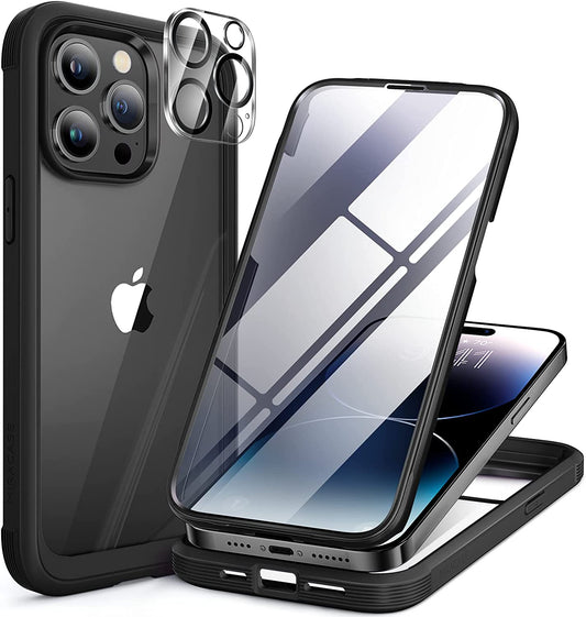 Miracase Glass Series Compatible with Iphone 14 Pro Case 6.1 Inch, 2023 Full-Body Clear Bumper Case with Built-In 9H Tempered Glass Screen Protector, with Camera Lens Protector, Black  Miracase   