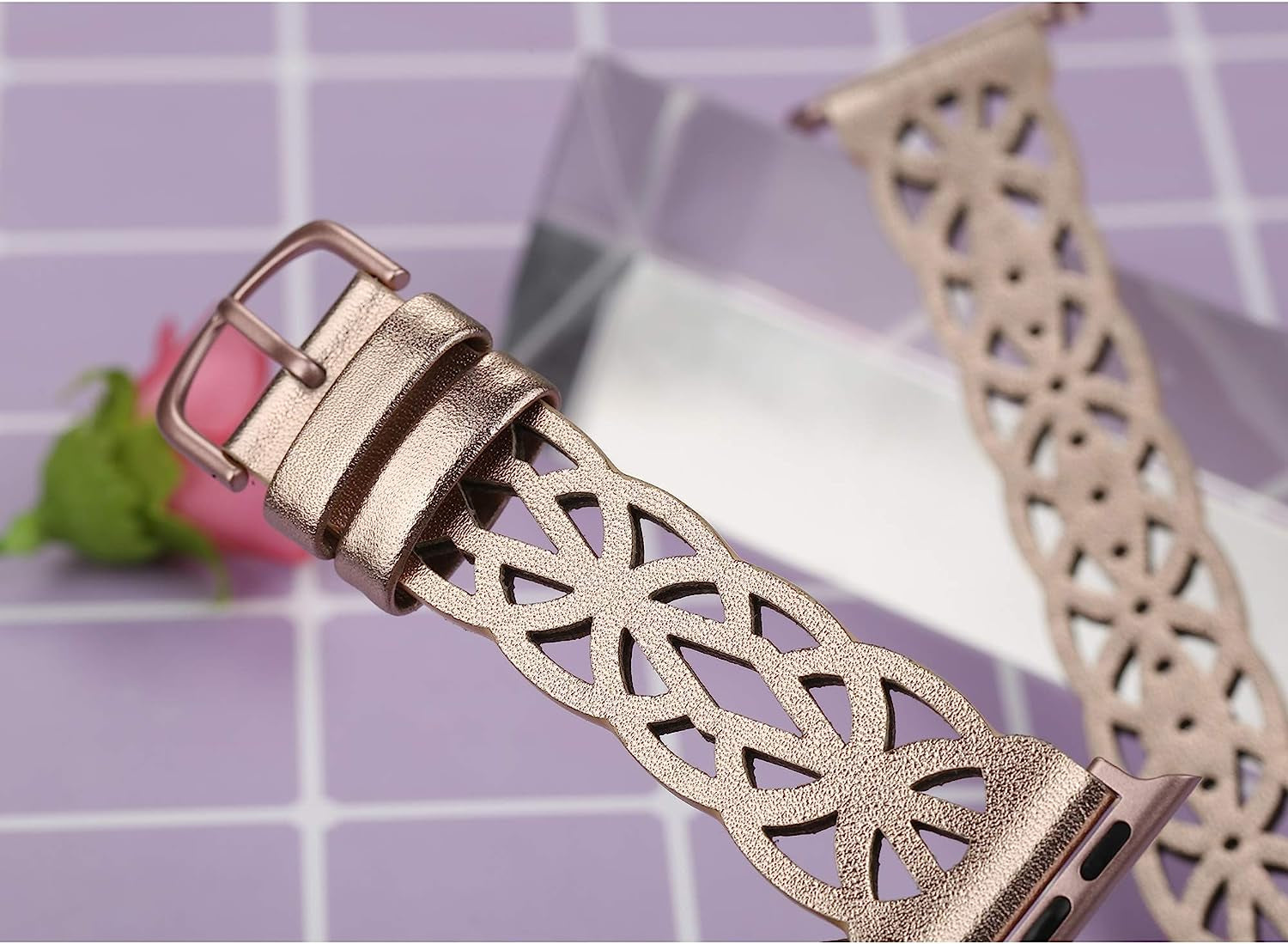 Secbolt Hollowed-Out Leather Band Compatible with Apple Watch 38Mm 40Mm 41Mm 42Mm 44Mm 45Mm Iwatch Series 8/7/6/SE/5/4/3/2/1, Elegant Top-Grain Leather Wristband Strap Accessories for Women  Secbolt   