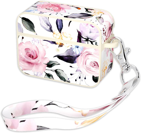 Yelovehaw for Airpods 3 Case for Women Girls, Pink Rose Floral & Purple Leaves Pattern, Full Body Protective Cute Cover with Wrist Strap for Airpods 3Rd Generation Charging Case (Flowers - White)  YeLoveHaw   