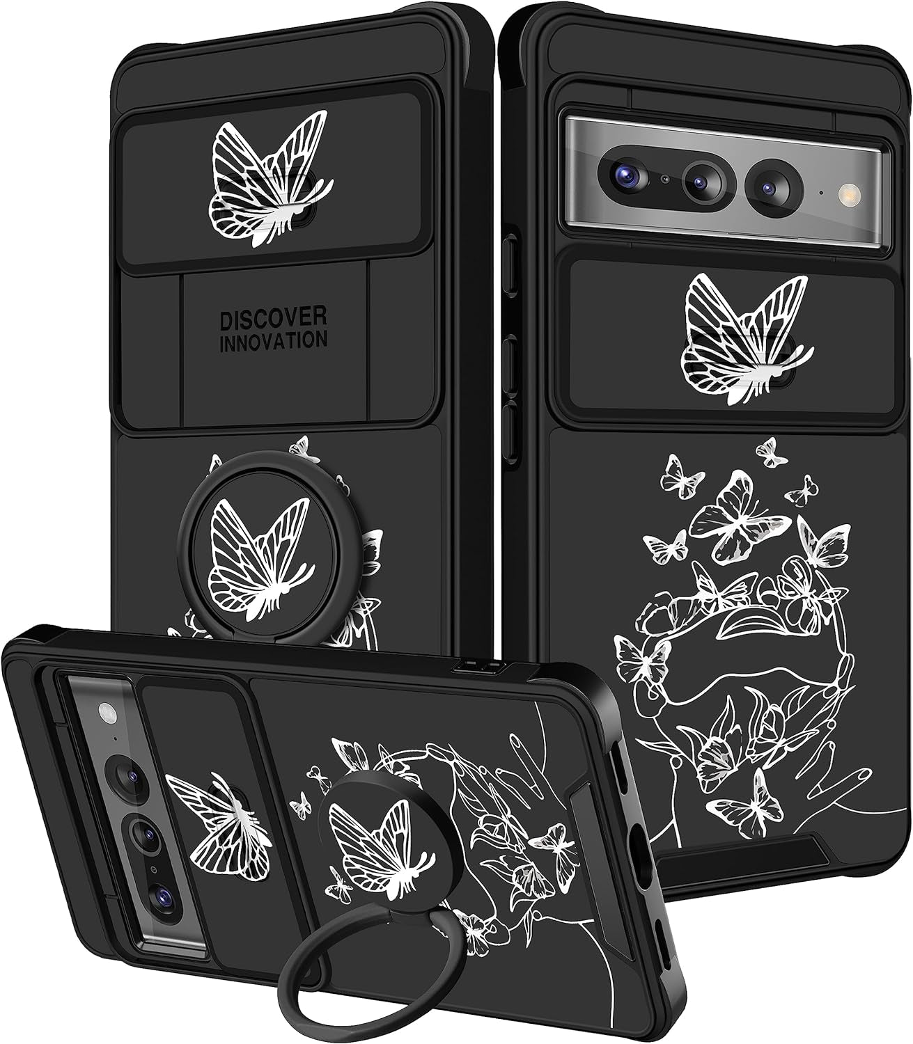Funermei (2In1 for Google Pixel 7 Pro Case for Women Cute Butterfly Girls Phone Cover Girly Kawaii Aesthetic Butterfly Design with Camera Cover and Ring Stand Funda for Google Pixel Pro 7 Case  Funermei 1-For Pixel 7 Pro-White Butterfly  