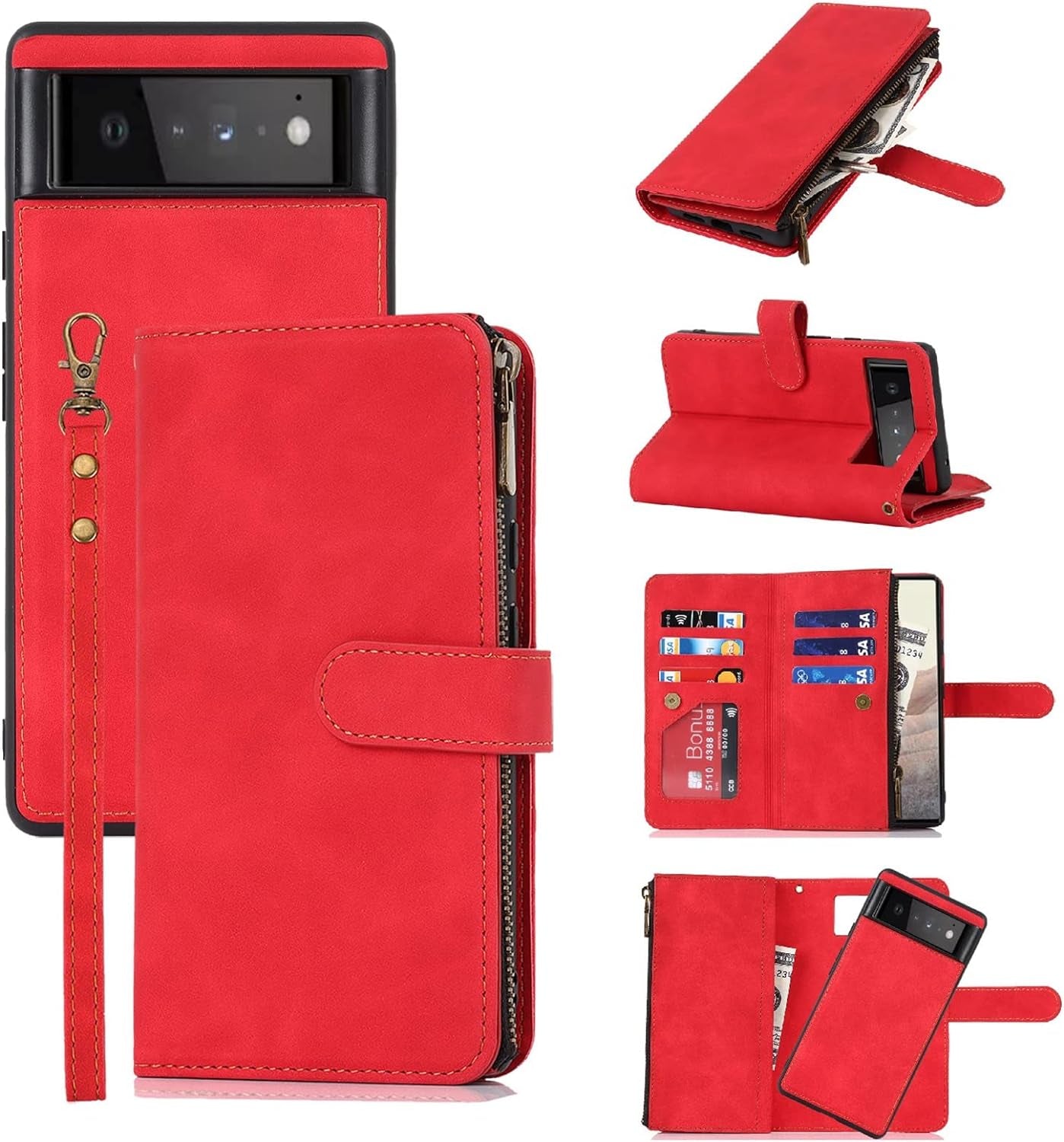 Jaorty Compatible with Google Pixel 6 Wallet Case,[6 Card Slots] [Wrist Strap] [Stand Feature] Detachable 2 in 1 Magnetic Zipper Leather Cover Case for Google Pixel 6,6.4" Rosegold  Jaorty 2 In 1 Red  