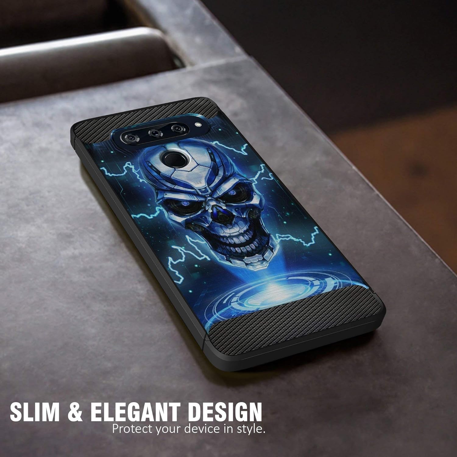 Casesondeck Case Compatible with LG V40 Thinq - Soft Fitted Flexible TPU Cover Shock Protection (Blue Future Skull)  CasesonDeck   