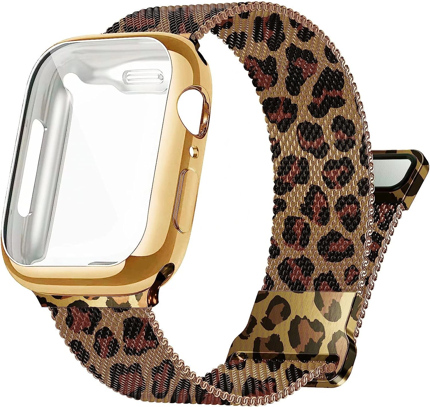 Zsuoop Metal Stainless Steel Band Compatible with Apple Watch Bands 38Mm 40Mm 41Mm 42Mm 44Mm 45Mm with Screen Protector Case,Magnetic Adjustable Strap for Iwatch Series 8/7/6/5/4/SE/3/2/1 Women Men  Zsuoop Leopard 44mm 