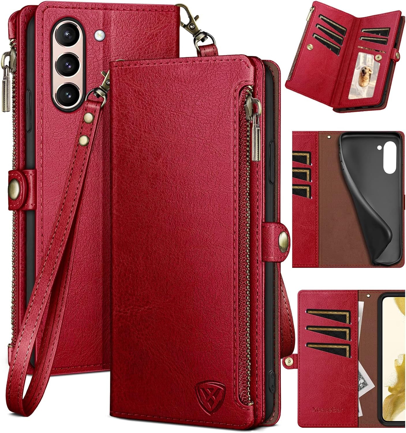 Xcasebar for Samsung Galaxy S21 Wallet Case with Zipper Credit Card Holder【Rfid Blocking】, Flip Folio Book PU Leather Phone Case Shockproof Cover Women Men for Samsung S21 Case Wine Red  XcaseBar Red  