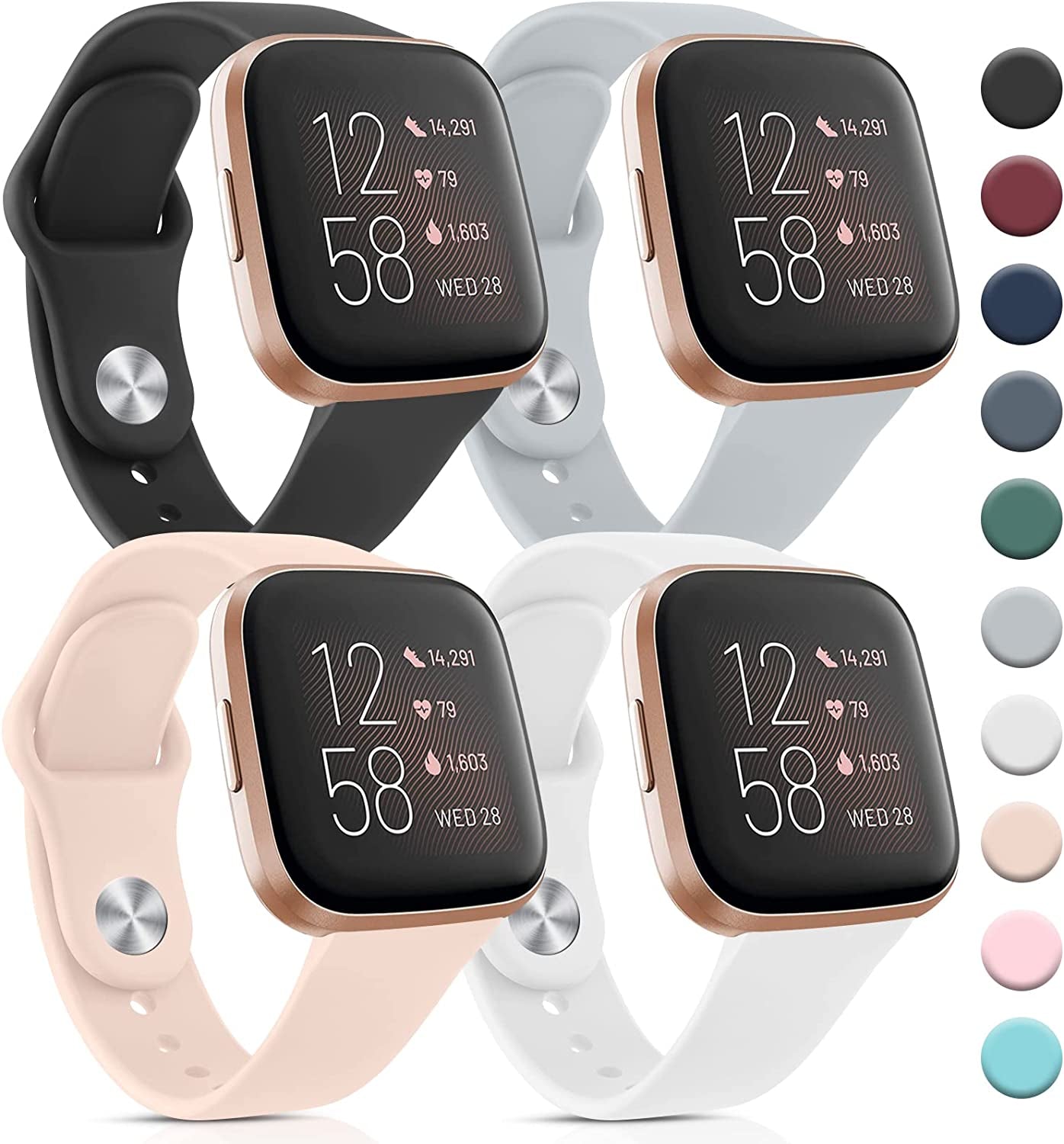 4 Pack Bands for Fitbit Versa 2 / Fitbit Versa/Fitbit Versa Se/Fitbit Versa Lite Bands for Women Men, Soft Silicone Replacement Bands for Fitbit Versa 2  Meliya Black/Gray/Pink Sand/White  