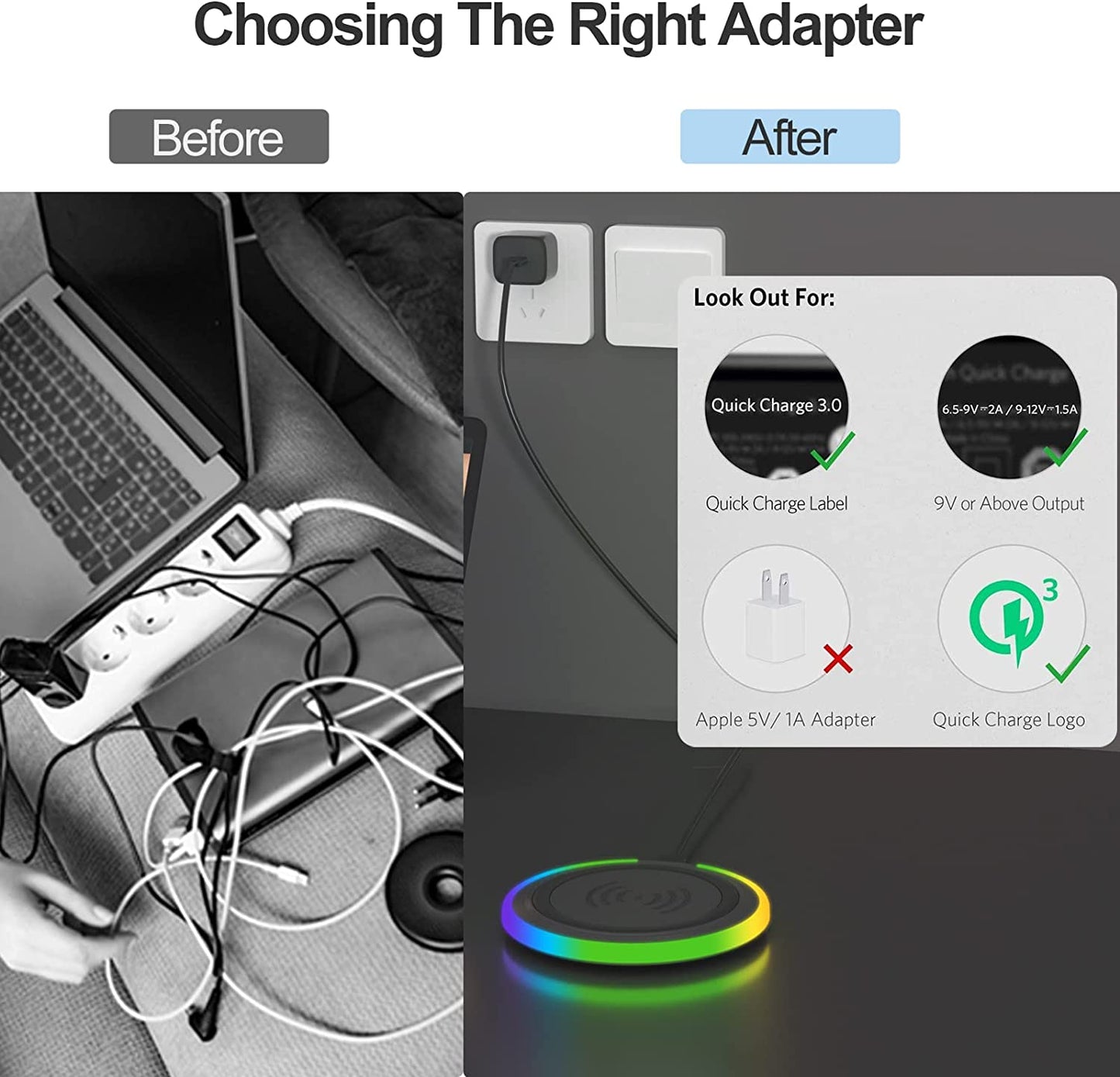 Wireless Charger Pad, 15W Max Fast RGB Wireless Charging Pad Compatible Iphone 14/14 Plus/14 Pro/14 Pro Max/13/13 Mini/Se 2022/12/11/X/8,Samsung Galaxy S22/S21/S20,Airpods 3 2 Pro(No AC Adapter) Black  MMK   