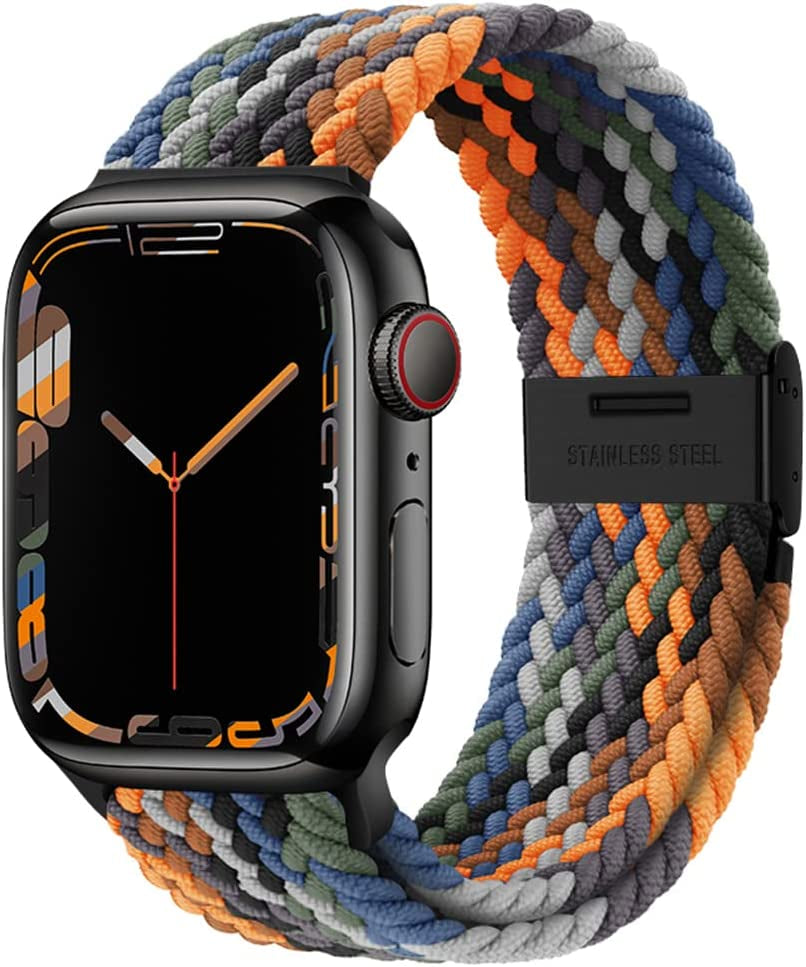 Qimela Compatible with Apple Watch Band 49Mm 45Mm 44Mm 42Mm,Stretchy Sport Solo Loop Strap with Adjustable Buckle,Elastic Nylon Braided Wristband for Iwatch Series 8 7 6 SE 5 4 3 2 1 Ultra,Women Men  FS-TECH Camouflage (with Black Buckle) 38mm/40mm/41mm 