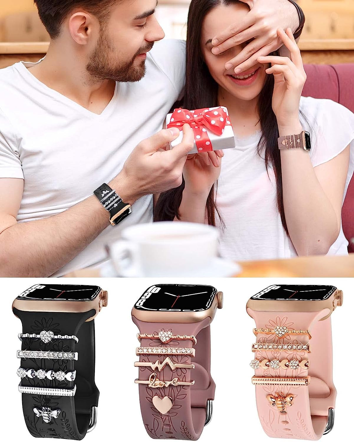 Watch Band Charms (Band Included), Compatible with Apple Watch Band 38Mm 40Mm 41Mm, ORATYFAN Floral Engraved Silicone Bands & Metal Decorative Ring Loops Accessories for Iwatch Series Se 8 7 6 5 4 3 2 1  ORATYFAN   