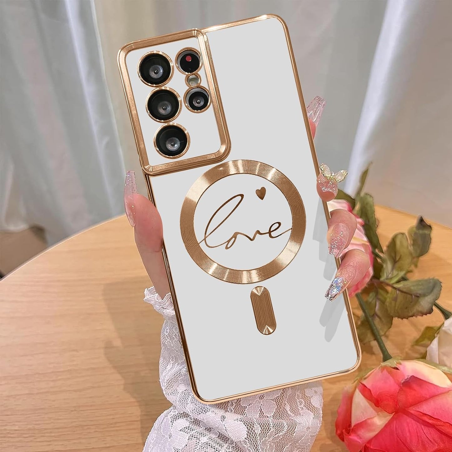 Bonoma Magnetic Case for Samsung Galaxy S21 Ultra Compatible with Magsafe, Cute Love Heart Luxury Plating Back Cover with Edge Elegant Aesthetic Hearts Pattern Silicone Phone Case-Pink  Bonoma Love-White  