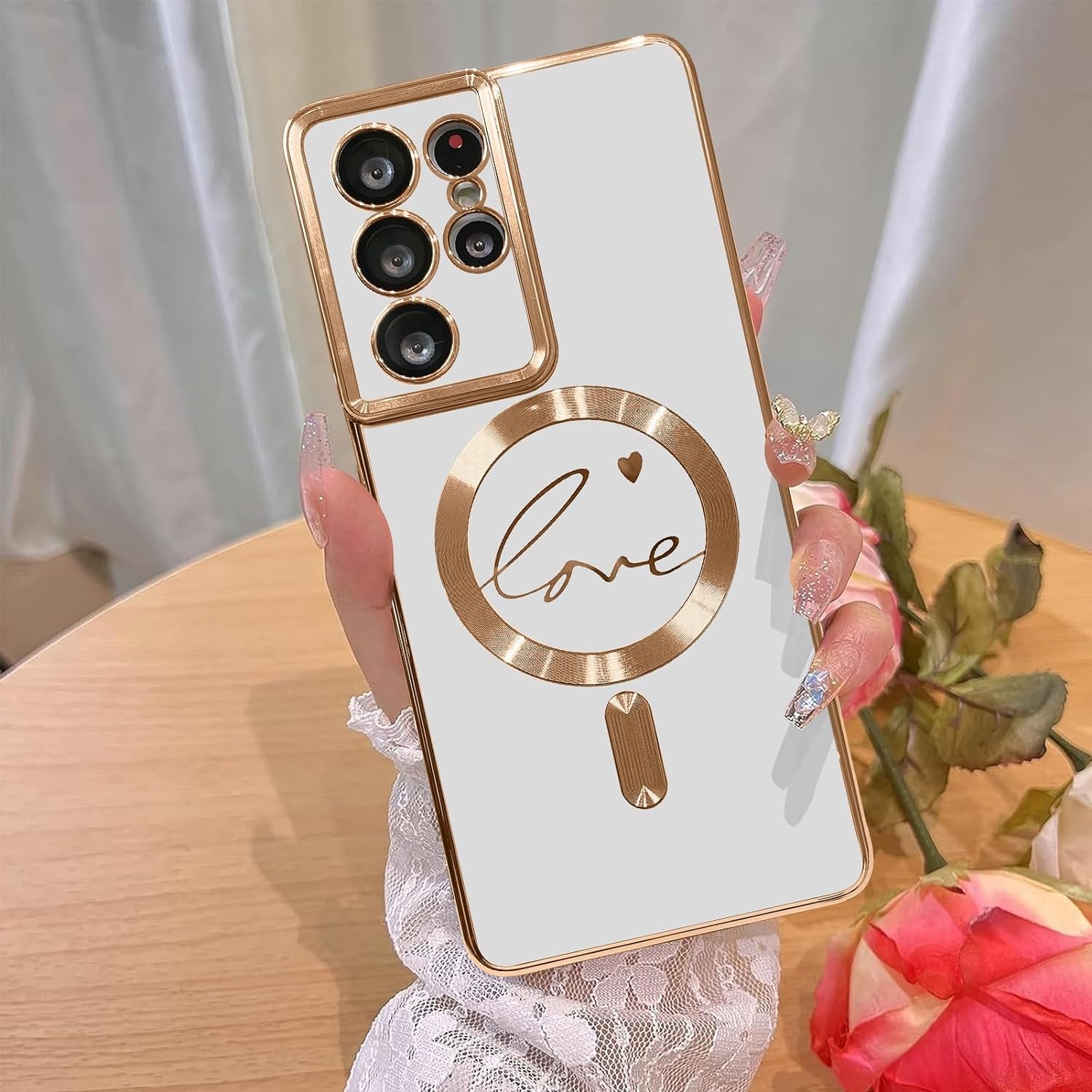 Bonoma Magnetic Case for Samsung Galaxy S21 Ultra Compatible with Magsafe, Cute Love Heart Luxury Plating Back Cover with Edge Elegant Aesthetic Hearts Pattern Silicone Phone Case-Pink  Bonoma Love-White  