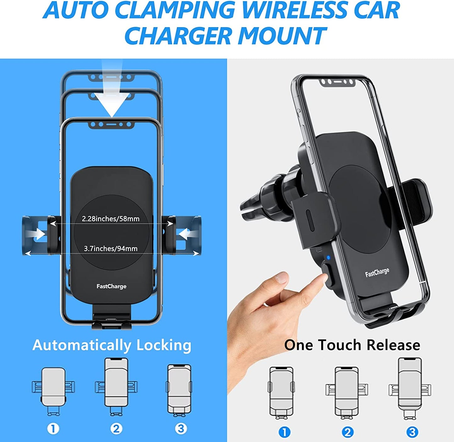 Wireless Car Charger, 15W Fast Charging Auto Clamping Car Charger Car Phone Holder Mount [Suction & Stable Hook] for Car Windshield Air Vent Universal Fit for Iphone Samsung Smartphones, Etc  Caymuller   