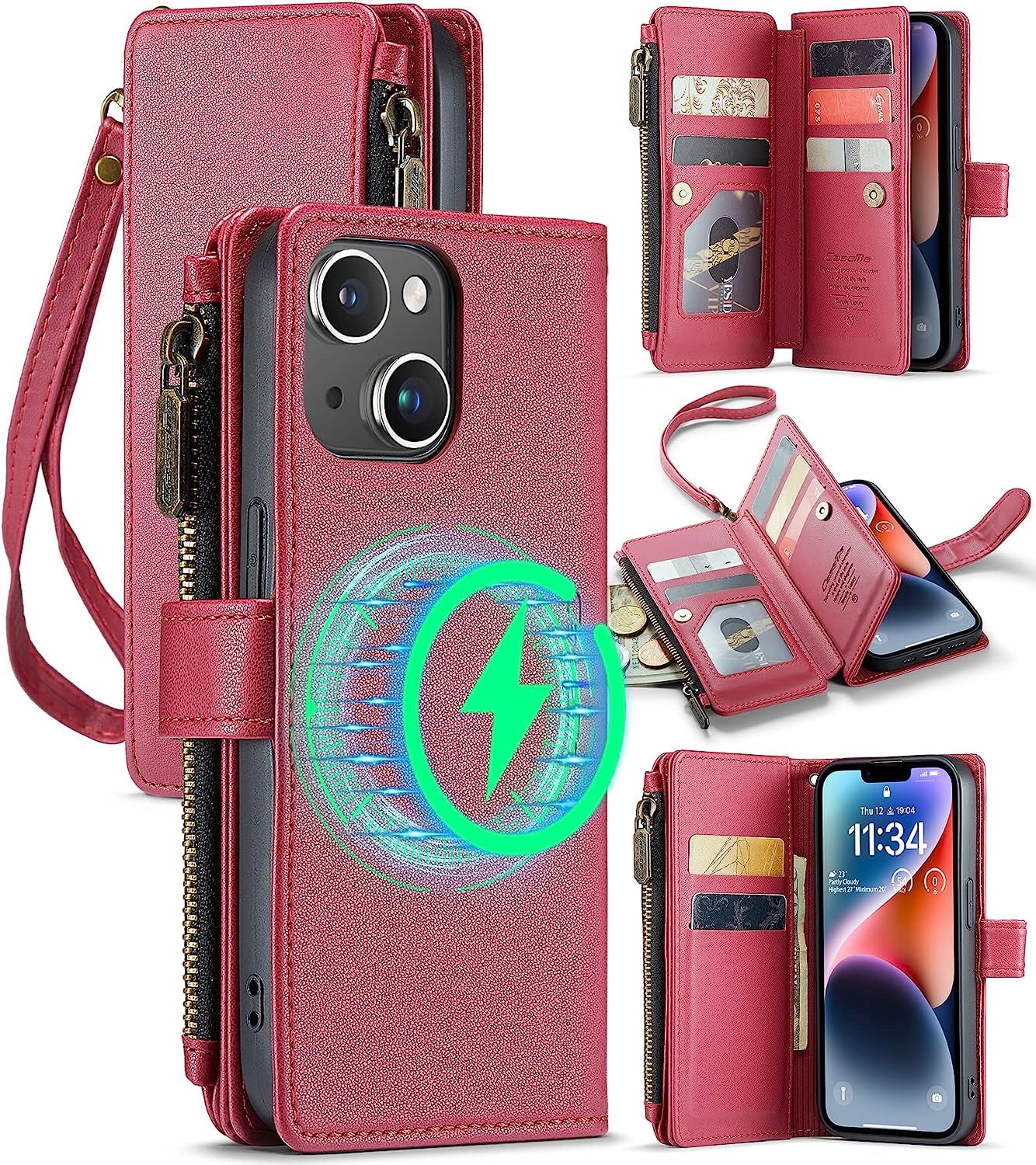 FLIPALM Wallet Case for Iphone 14 Pro(6.1") Flip Case,Compatible with Magsafe Charger,Pu Leather Zipper Protective Lanyard Strap Wristlet Case with Magnetic Closure and Card Holder Luxury Coffee  FLIPALM Rose Red iPhone 14 