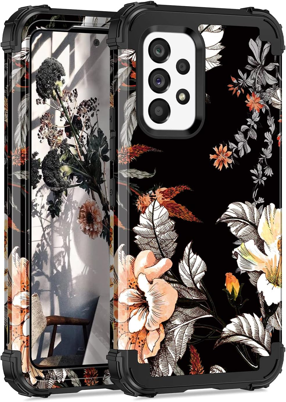 Casetego Compatible with Galaxy A53 5G Case,Floral Three Layer Heavy Duty Sturdy Shockproof Full Body Protective Cover Case for Samsung Galaxy A53 5G,Blue Flower  Casetego Orange  