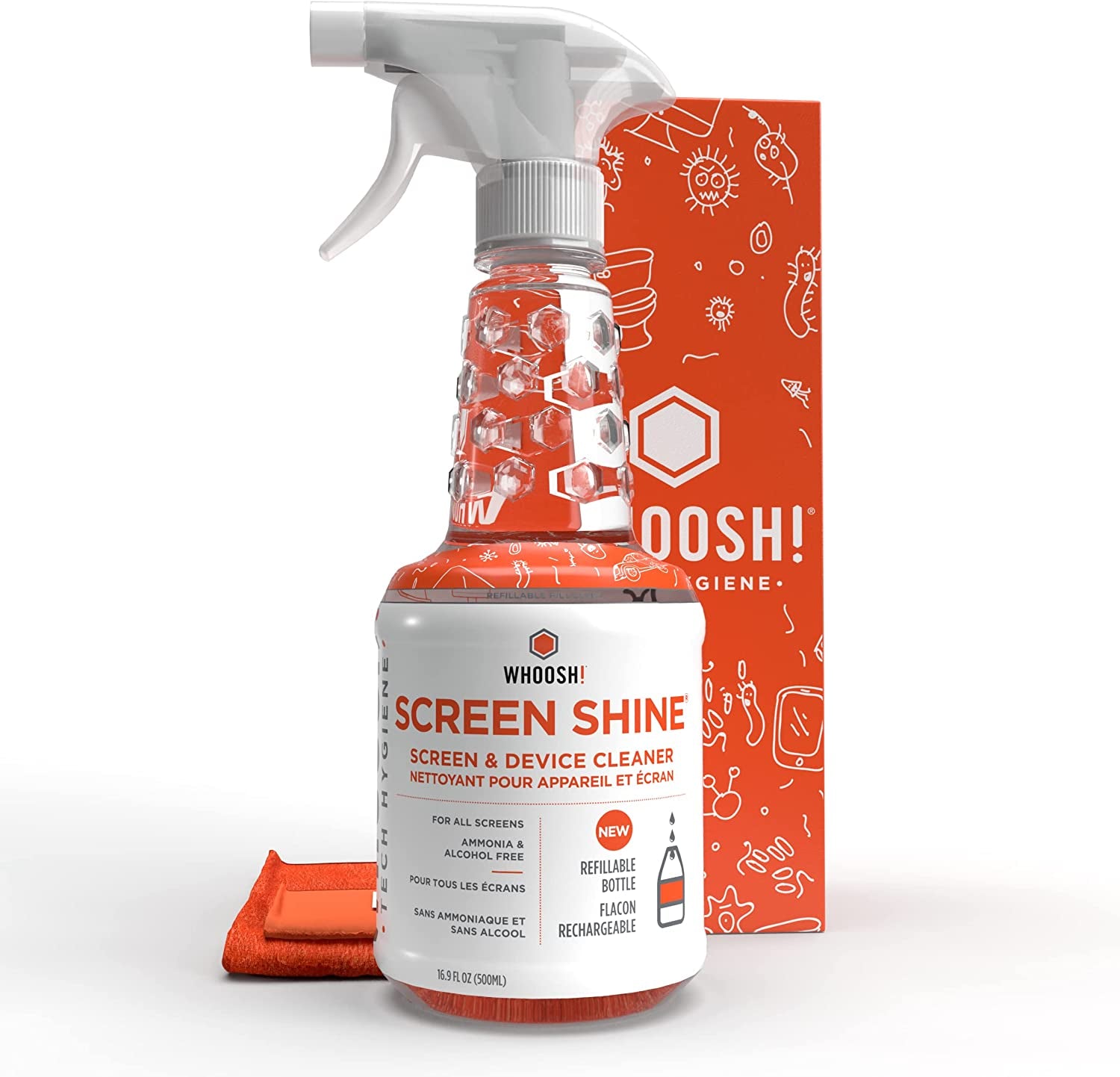 WHOOSH! 2.0 Screen Cleaner Kit - [New REFILLABLE 16.9 Oz ] Best for Smartphones, Ipads, Eyeglasses, TV Screen Cleaner, LED, Lcd,Computer, Laptop & Touchscreen - 16.9 Fl Oz Full Bottle + 2 Cloths  WHOOSH   