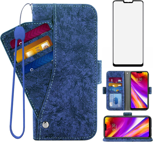 Asuwish Compatible with LG G7 Thinq Wallet Case Tempered Glass Screen Protector Card Holder Stand Leather Kickstand Phone Cases for LGG7 One G 7 LG7 Fit Lg7Thinq 7G Thin Q G7+ G7Thinq Lgg7Thinq Blue  Asuwish   