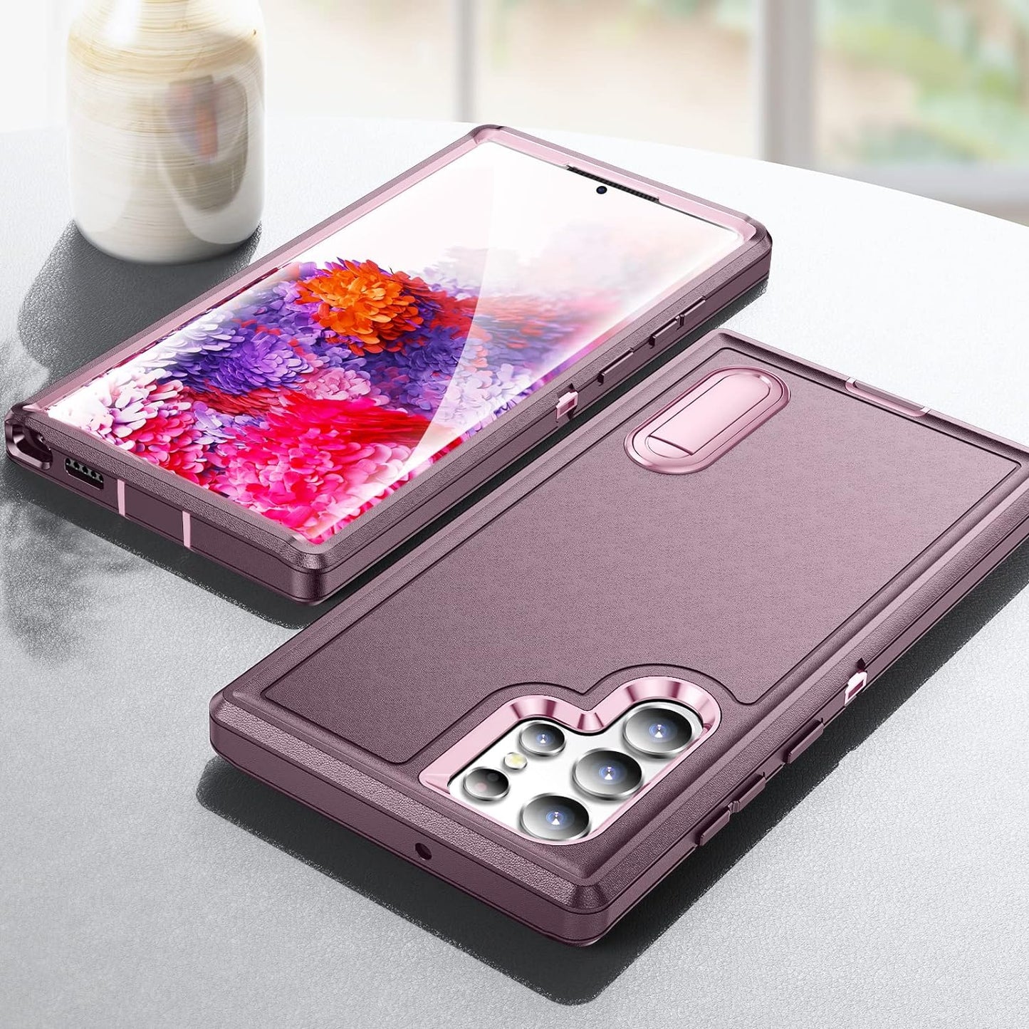 Fucozan for Samsung Galaxy S22 Ultra Case with Kickstand Case 3-Layer Military Grade Protective Case Cover Silicone Heavy Duty Rugged Shockproof for Galaxy S22 Ultra Phone Case (Purple Red+Pink)  Fucozan   