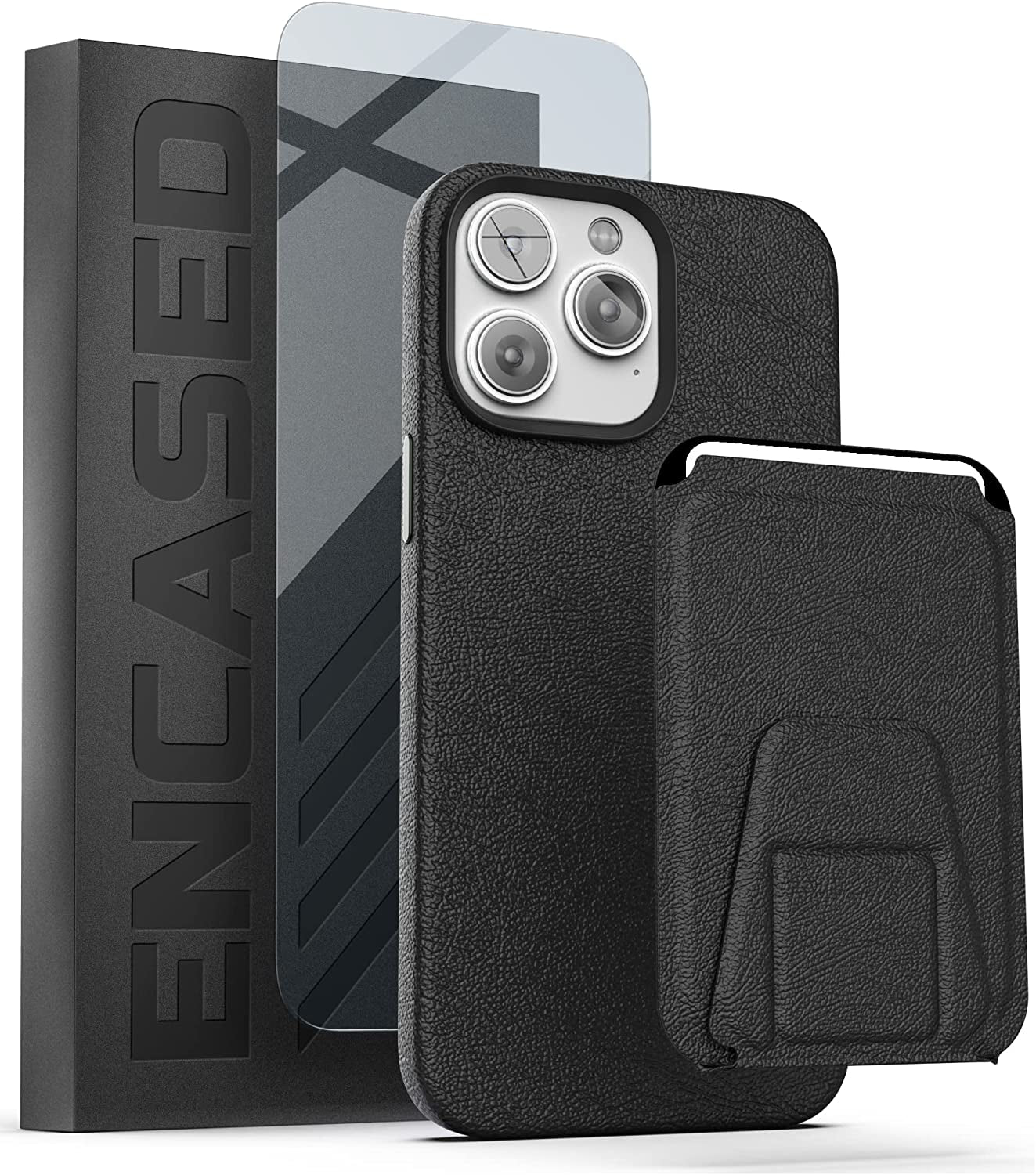 Encased MAG Case Wallet Set - Designed for Iphone 14 PRO Leather Case with Screen Protector and Card Holder W/Magnetic Kickstand (Compatible with Magsafe) Black  Encased   