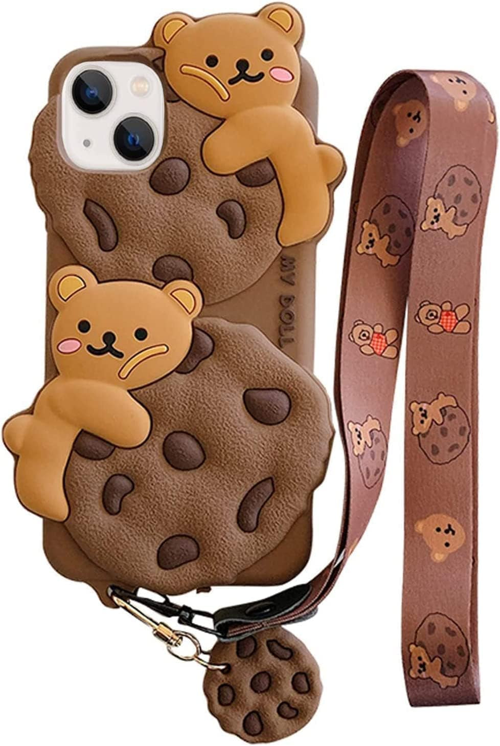 Yatchen for Iphone 13 Case Cookie Bear Kawaii Phone Cases,Cute Iphone 13 Case with Strap Lanyard Keychain 3D Cartoon Bear Soft Silicone Protective Case Funny for Iphone 13 Women Girls  Yatchen Bear Cookie Iphone 11 