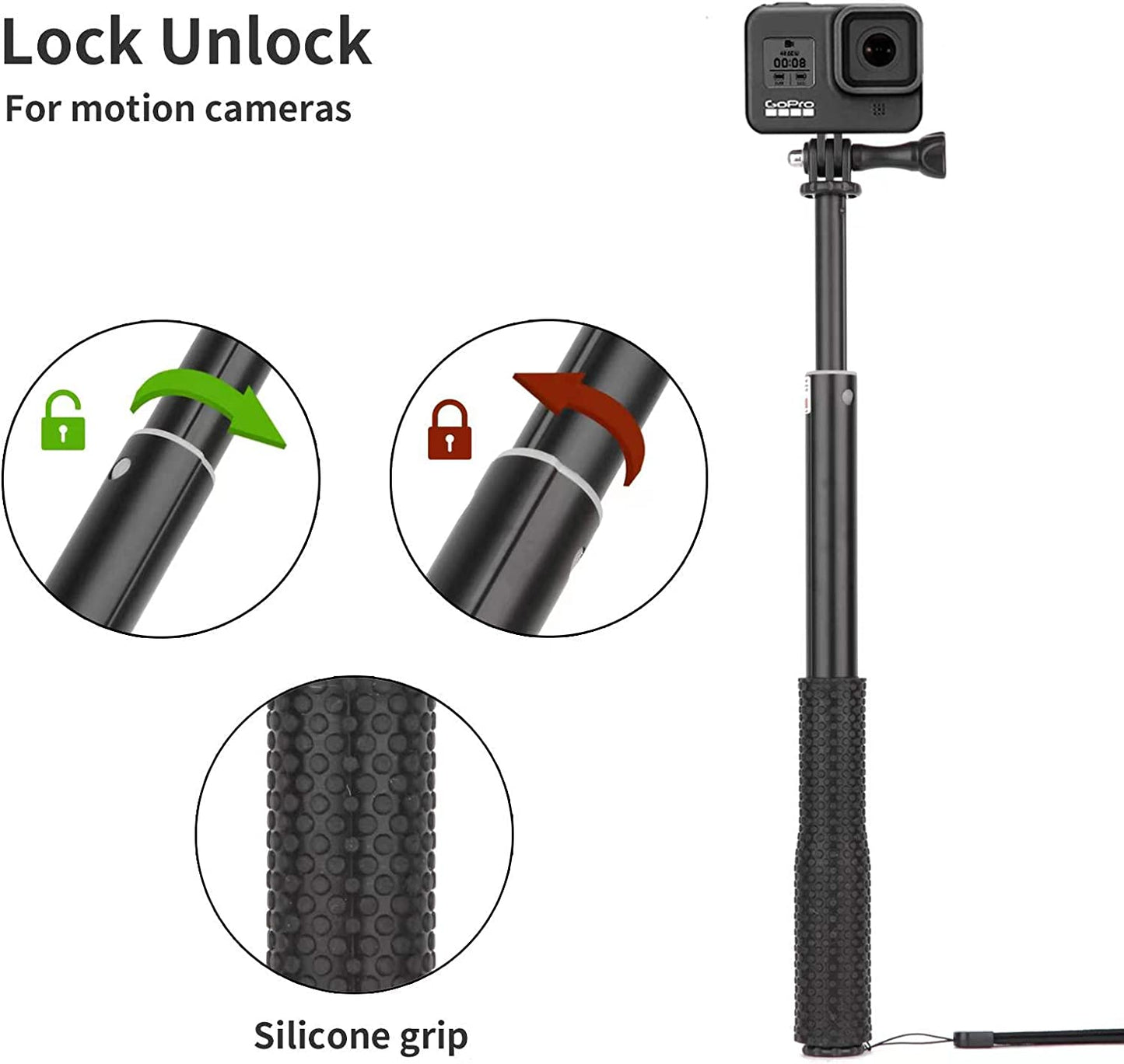 Extendable Aluminum Selfie Stick/Monopod, Compatible for Gopro Hero 10 9 8 7 6 5 4 3 2 Fusion Max, OSMO Action,Akaso, SJCAM Action Camera and Cell Phone Accessories  DADE FAC   