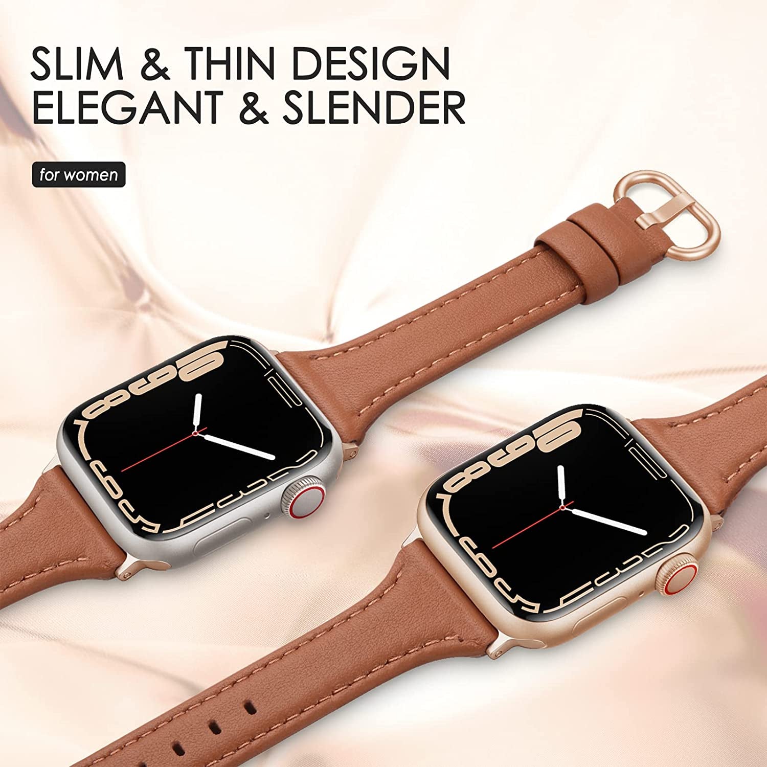 SWEES Leather Band Compatible for Apple Watch 38Mm 40Mm 41Mm, Slim Thin Dressy Elegant Genuine Leather Strap Compatible for Iwatch Series 8, 7, 6, 5, 4, 3, 2, 1, SE, Sport & Edition Women, Brown  SWEES   