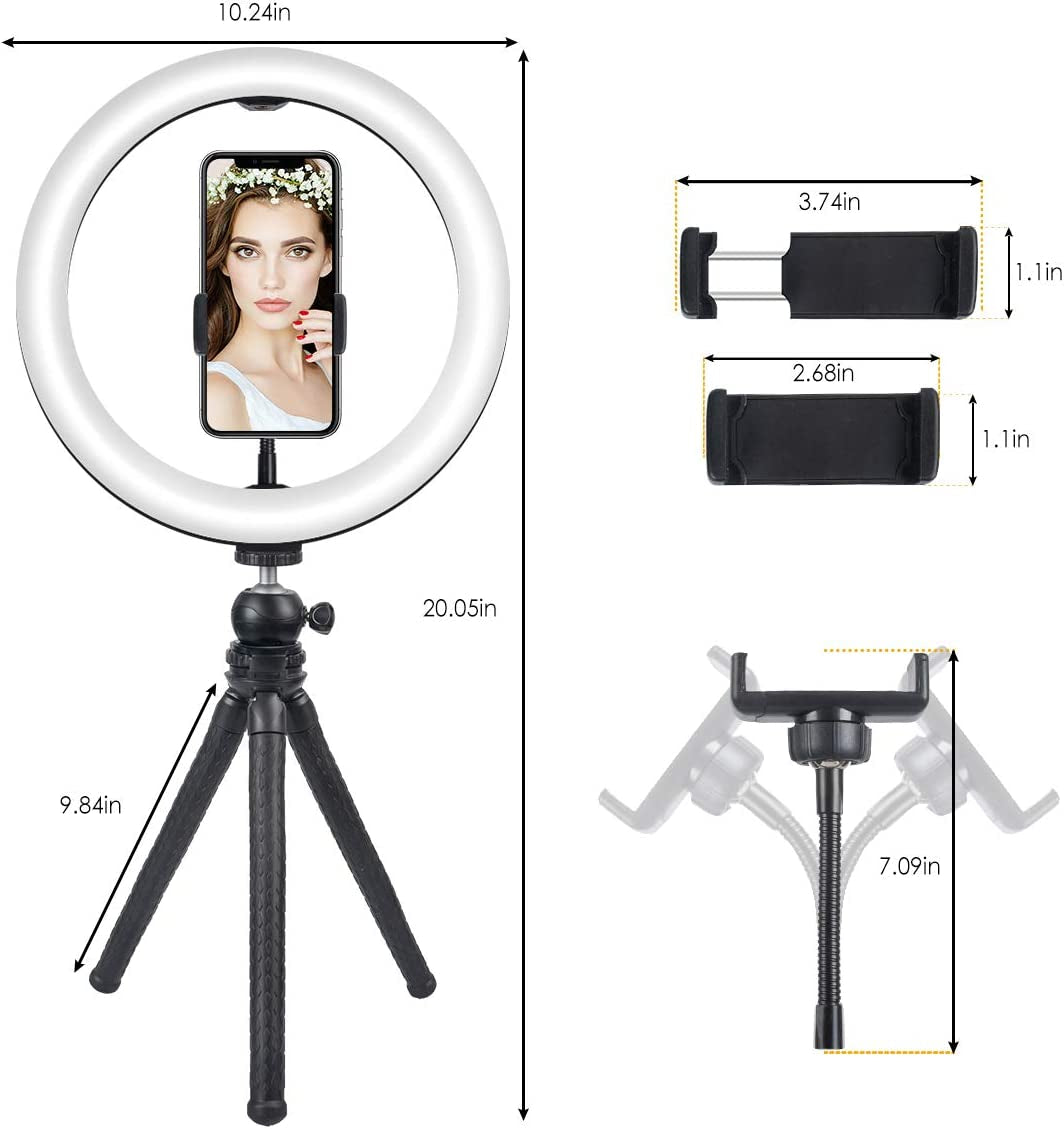 10" Selfie Ring Light with Tripod Stand & Cell Phone Holder, Dimmable Desktop LED Circle Light for Youtube Video/Live Stream/Makeup/Photography for Iphone Android  Wellwerks   