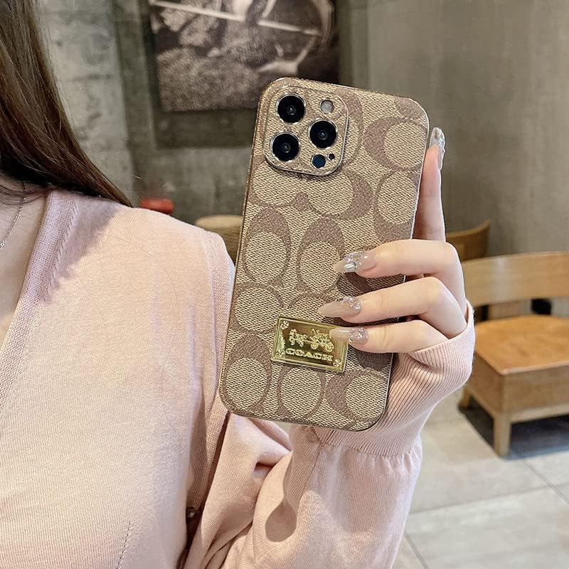 Designer Iphone 14 plus Case for Women Luxury 6.7 Inch, Leather Back Edge with Plate Gold Rim Classic Pattern Bling Glitter Nameplate Camera Protection Cover, Non Slip Shockproof Protective, Khaki  JIUDUIDODO   