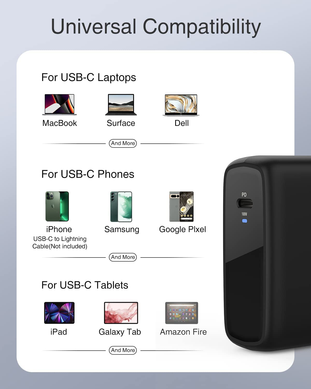 Nekteck 100W USB C Charger [Gan Tech & USB-IF Certified], PD 3.0 Adapter with Foldable Plug, Fast Wall Charger Compatible with Macbook Air/Pro, Ipad Air/Pro, Iphone and More (Support Magsafe 3).  Nekteck   