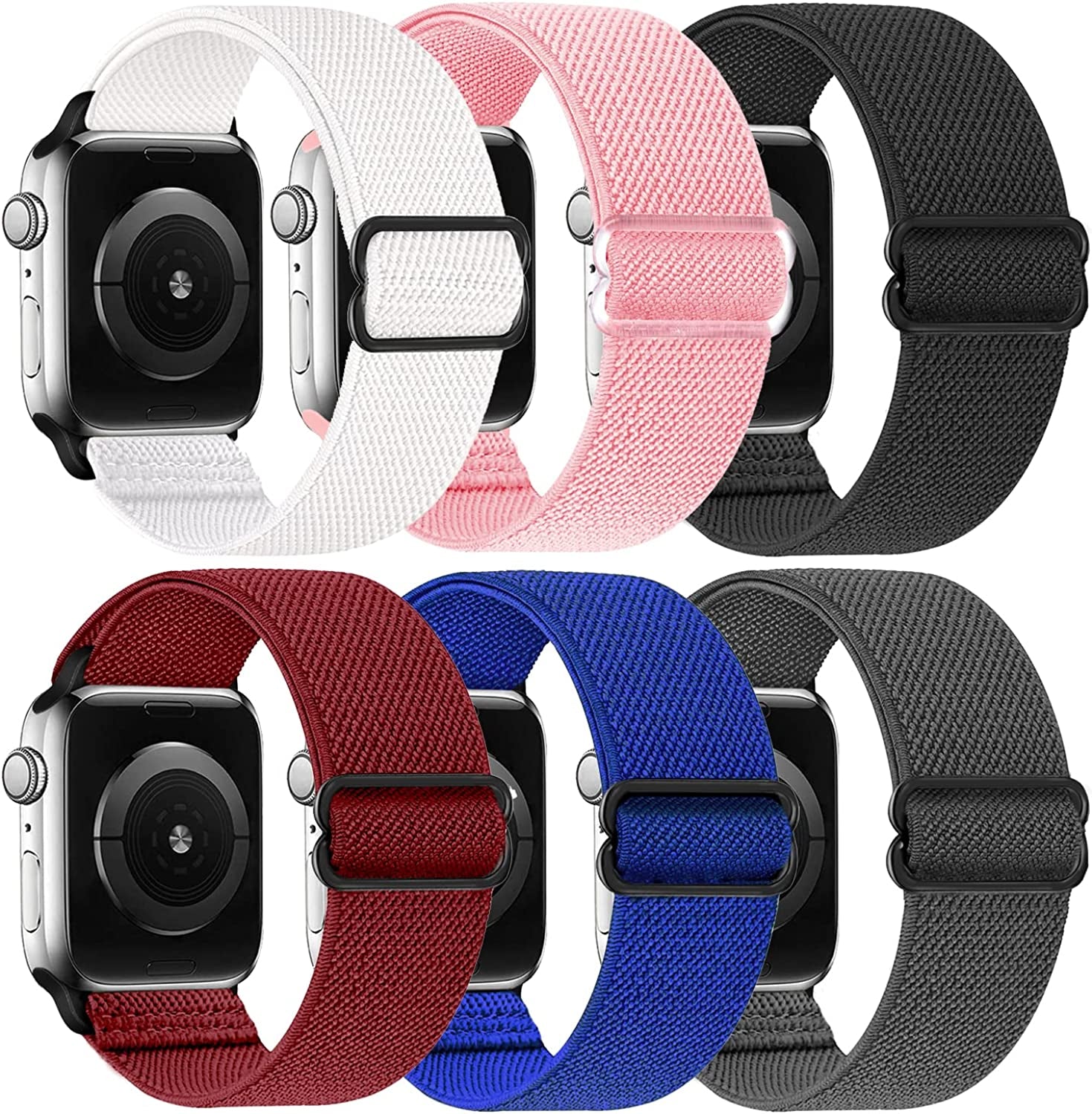 Adjustable Elastics Band Compatible with Apple Watch 38Mm 40Mm 41Mm 42Mm 44Mm 45Mm, Sport Solo Loop Stretch Nylon Replacement Wristband for Iwatch SE Series 8 7 6 5 4 3 2 1  LHXYUO Black/Gray/ White/Pink/Wine/Navy 42/44/45mm 