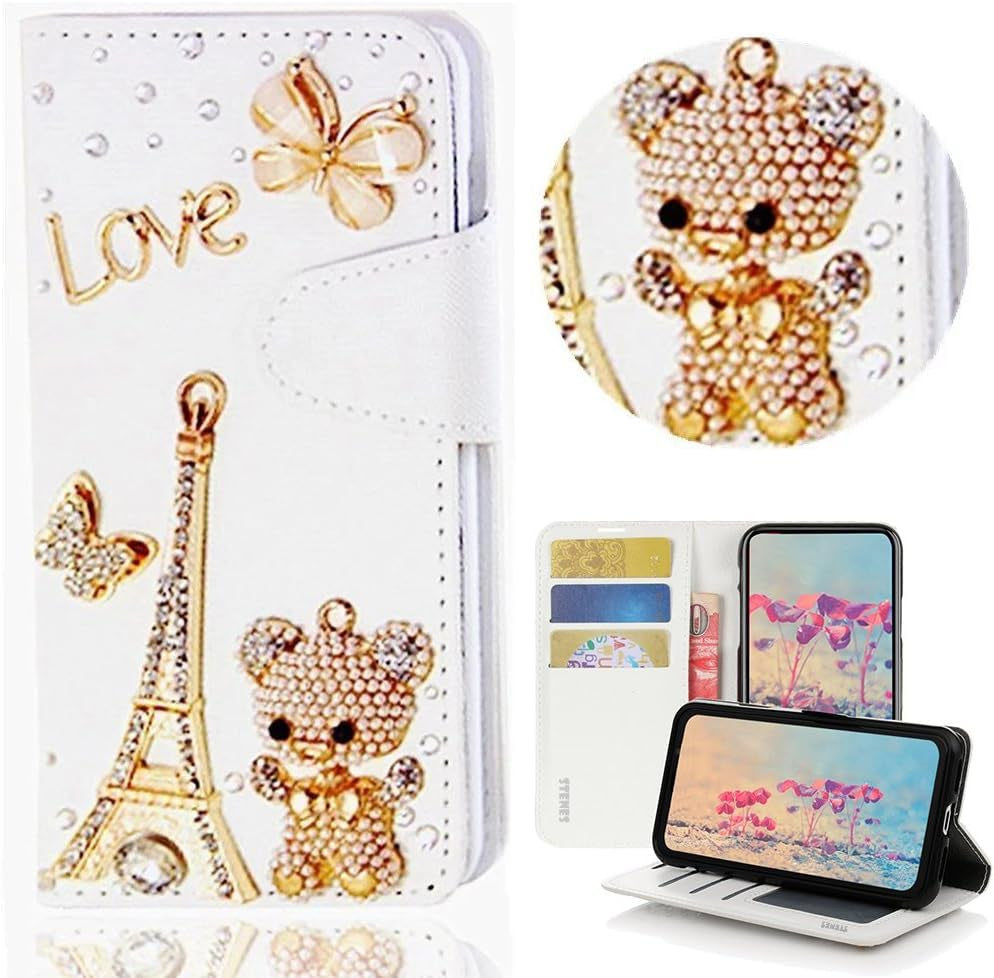 STENES LG G6 Case, LG G6 plus Case - Stylish - 3D Handmade Bling Crystal Butterfly Flowers Floral Wallet Credit Card Slots Fold Stand Leather Cover Case for LG G6/LG G6 plus - Blue  STENES Eiffel Tower Bear Butterfly / Gold  