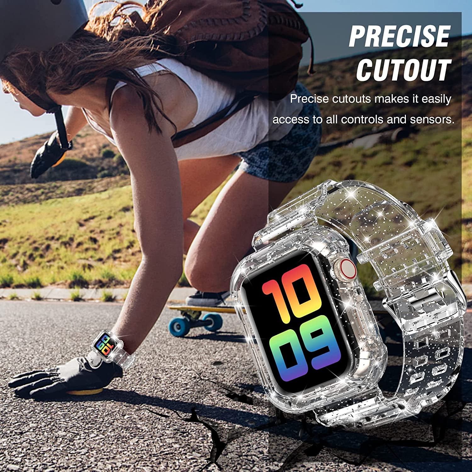 DABAOZA Compatible for Clear Apple Watch Band 38Mm 40Mm 41Mm 42Mm 44Mm 45Mm with Case, Women Girl Glitter Clear Bling Crystal Sport Strap and Bumper for Iwatch Band Ultra SE Series 8/7/6/5/4/3/2/1  DABAOZA   