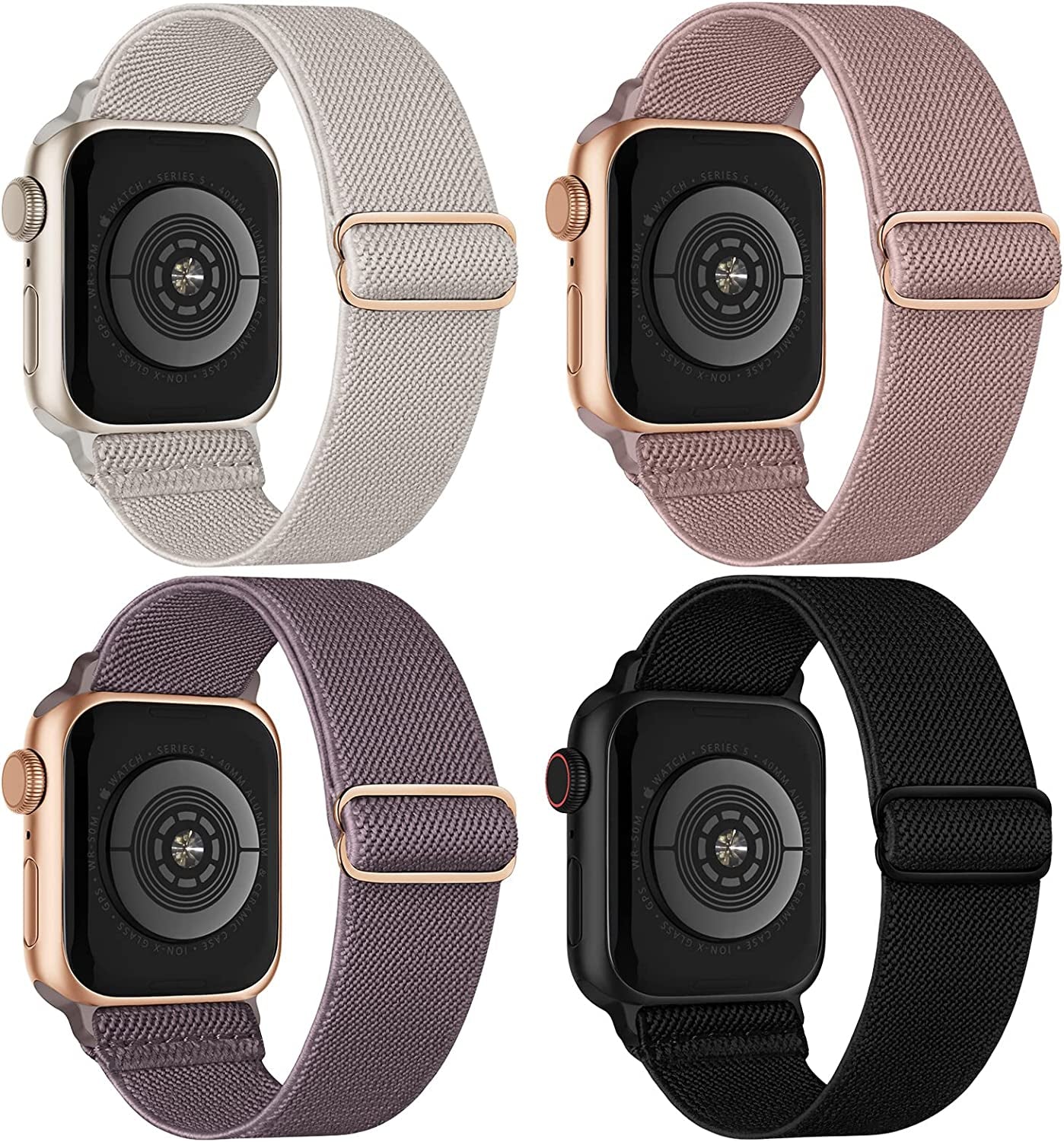 Stretchy Nylon Solo Loop Compatible with Apple Watch Band 38Mm 40Mm 41Mm 42Mm 44Mm 45Mm 49Mm Series 8/7/6/5/4/3/2/1/Se/Ultra  CCnutri Black/NudePink/Smoke Violet 38mm/40mm/41mm 