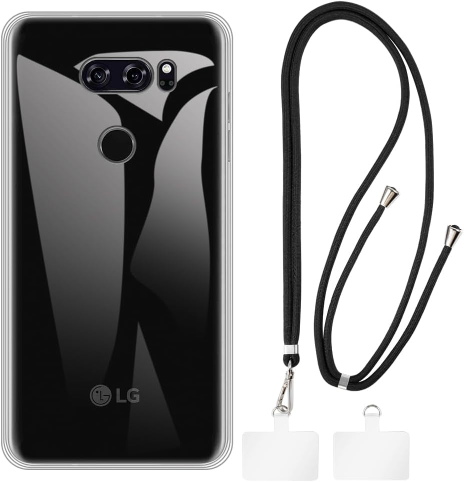 Shantime LG V30 Case + Universal Mobile Phone Lanyards, Neck/Crossbody Soft Strap Silicone TPU Cover Bumper Shell for LG V30+ (6”)  Shantime Transparent Case + Black Lanyard  
