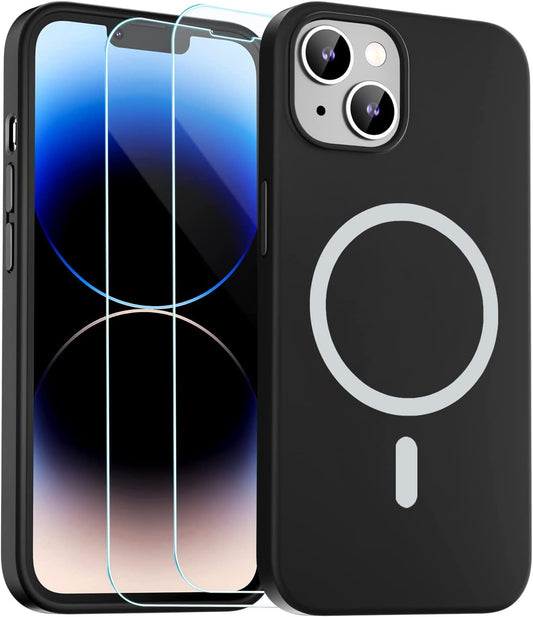 Zapica Liquid Silicone Magnetic for Iphone 14 Case, [Compatible with Magsafe] [With 2 Pack Glass Screen Protector] Anti-Scratch, Shockproof, Slim Soft Phone Case for Iphone 14, 6.1 Inch (Black)  zapica Black  