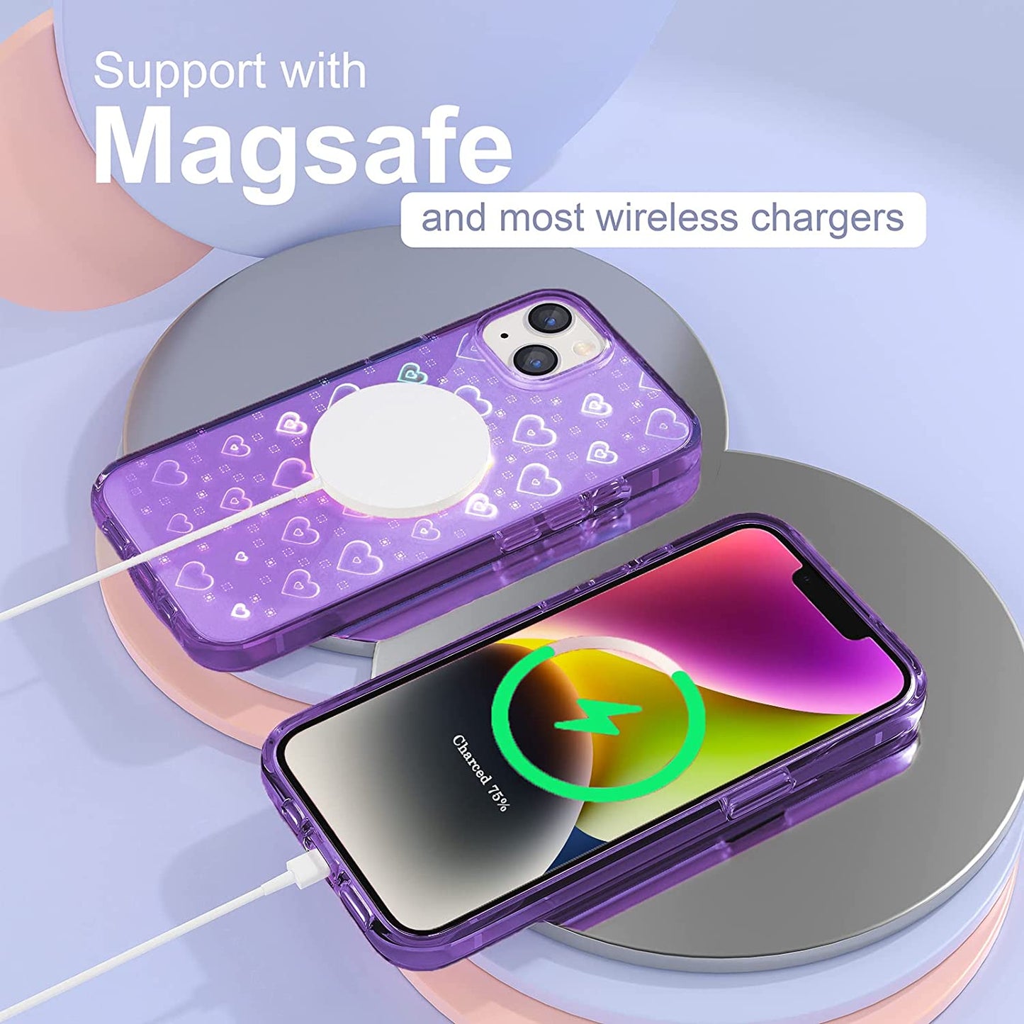 Tksafy Case Compatible Iphone 14 Case, Clear Glitter Cute Laser Holographic Love Heart Pattern for Women Girls, Anti-Yellow Hard PC Protective Phone Cover for Iphone 14 6.1-Inch 2022, Purple  Tksafy   