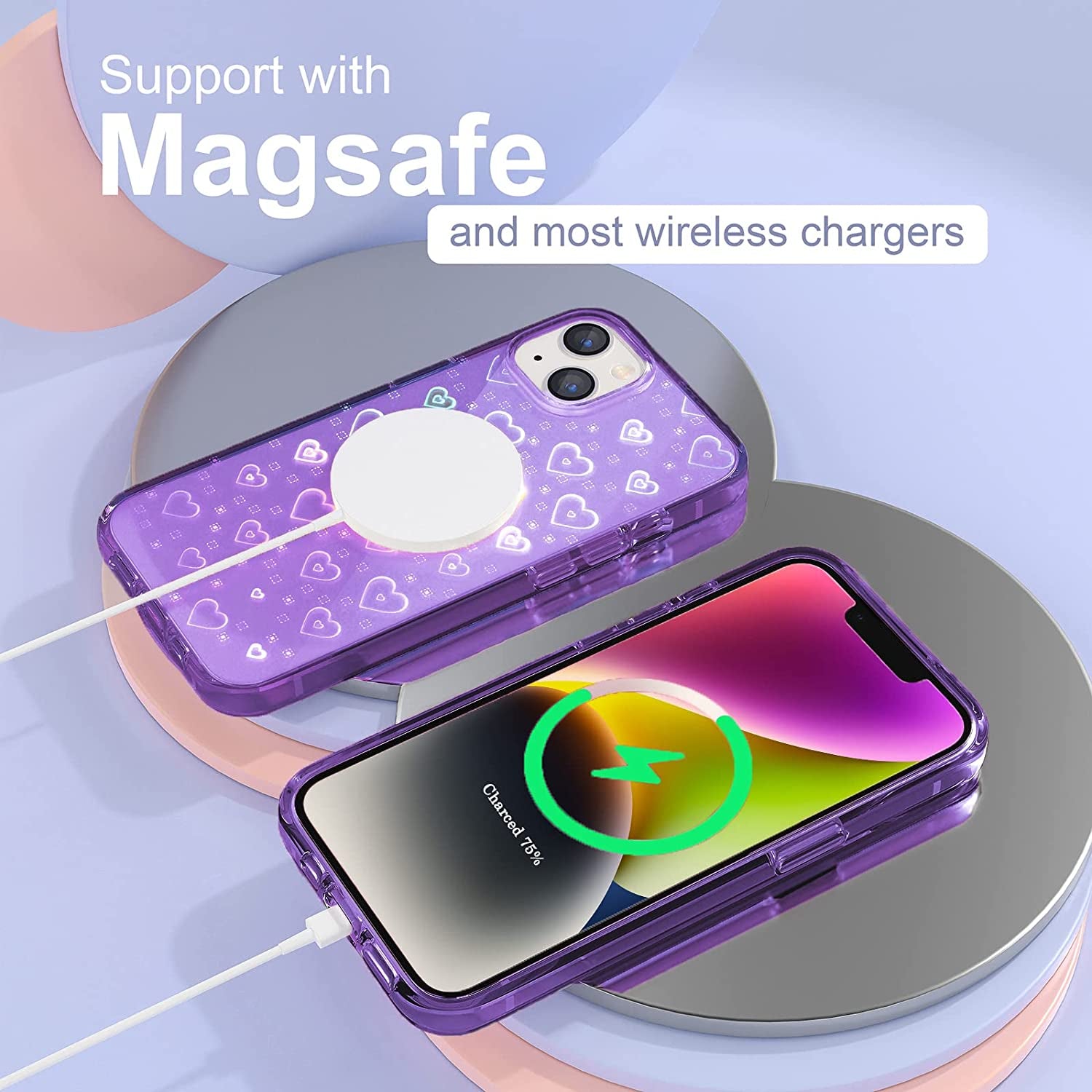 Tksafy Case Compatible Iphone 14 Case, Clear Glitter Cute Laser Holographic Love Heart Pattern for Women Girls, Anti-Yellow Hard PC Protective Phone Cover for Iphone 14 6.1-Inch 2022, Purple  Tksafy   