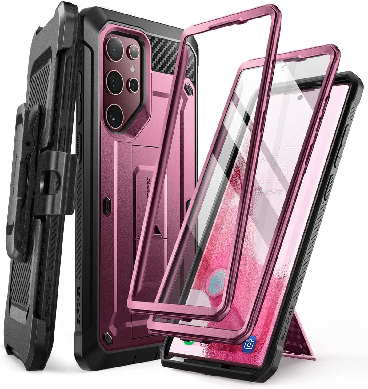 SUPCASE Unicorn Beetle Pro Case for Samsung Galaxy S22 Ultra 5G (2022 Release), [Extra Front Frame] Full-Body Dual Layer Rugged Belt-Clip & Kickstand Case with Built-In Screen Protector (Black)  SUPCASE Wine  