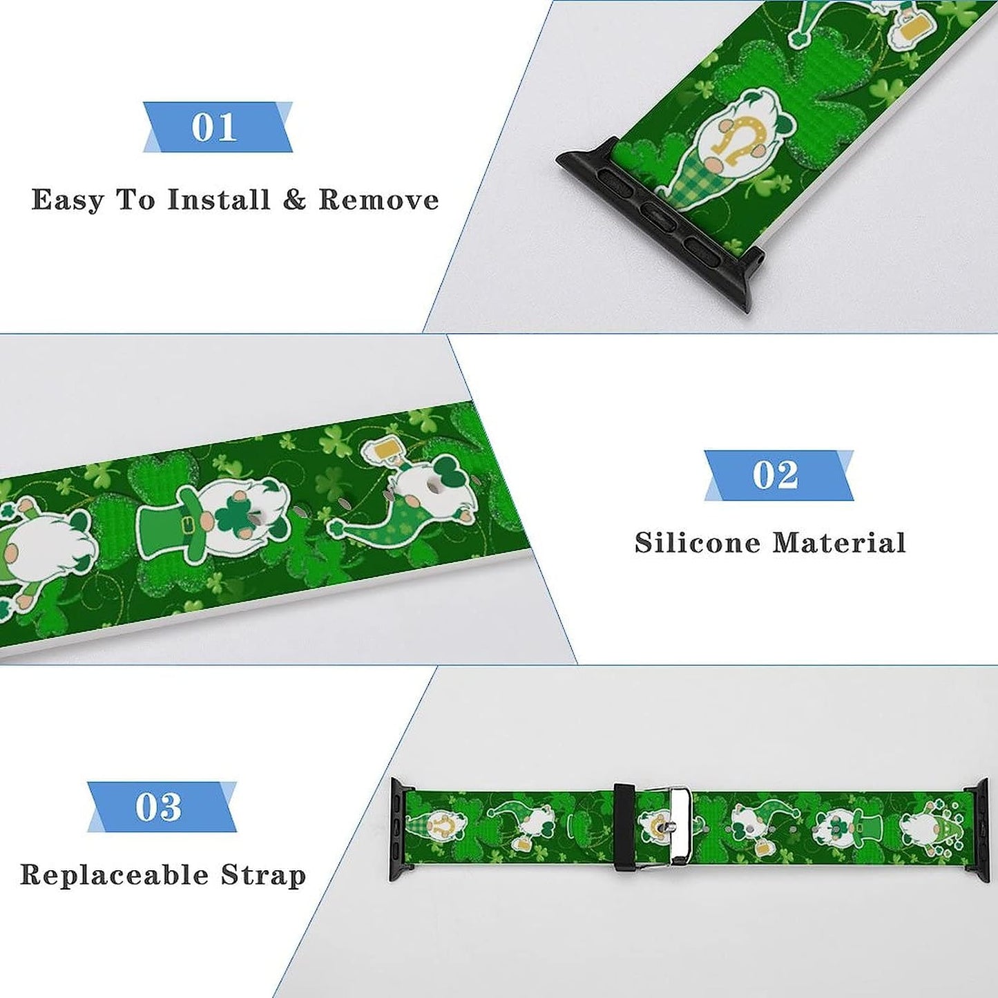 St Patrick Day Gnome Watch Bands Compatible with Apple Watch 38Mm 40Mm 42Mm 44Mm, St. Patrick'S Day Soft Pattern Silicone Straps Wristbands Replaceable Strap for Iwatch Series 6 5 4 3 2 1  MATIC   