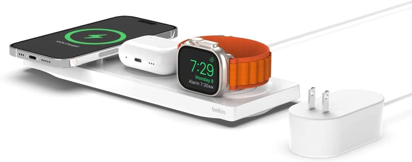 Belkin Magsafe 3-In-1 Wireless Charging Stand - 2ND GEN W/ 33% Faster Wireless Charging for Apple Watch - Iphone 14, 13 & 12 Series & Airpods - Magsafe Charging Station for Multiple Devices - Black  Belkin White 3 in 1 Pad 