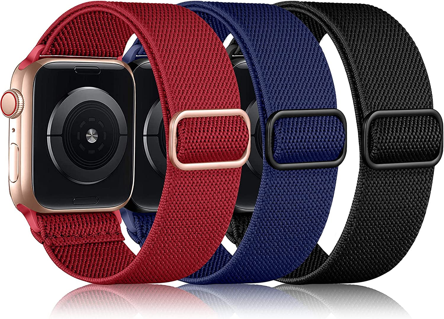 Daqin 3 Pack Stretchy Nylon Solo Loop Band Compatible with Apple Watch Band 41Mm 45Mm 38Mm 40Mm 42Mm 44Mm 49Mm, Adjustable Elastic Braided Straps for Apple Watch Ultra Iwatch Series 8/7/6/5/4/3/2/1/SE  Ylire-US Red/Midnight Blue/Black 42mm/44mm/45mm/49mm 
