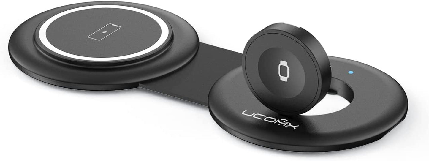 UCOMX Nano Mini Magnetic 2 in 1 Wireless Charger,Fellow Traveler Wireless Folding Charging Station,Compatible for Iphone 12/13/14 Pro Max,Airpods Pro,Iwatch Ultra,Travel Charger for Multiple Devices  DongGuanShi WeizhiChuang Technology Co., Ltd Black  