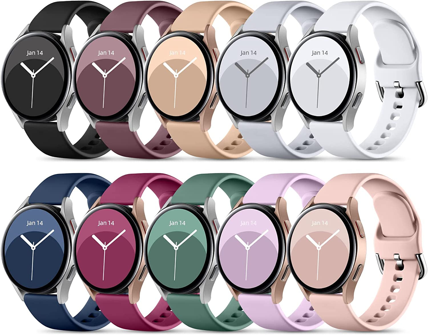 Daqin 10 Pack Band Compatible with Samsung Galaxy Watch 4/Galaxy Watch 5 Band 40Mm 44Mm/Galaxy Watch 5 Pro 45Mm/Samsung Active 2 Bands, 20Mm Soft Silicone Sport Strap Wristbands for Women Men  Xuchangjiansenshangmaoyouxiangongsi Navy Blue/Black/Milk Tea/Smokey Mauve/Gray/Pine Green/Fuchsia/White/Lavender/Pink Sand Small 